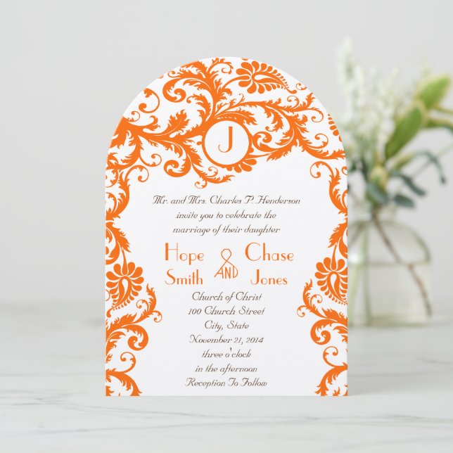 Orange Damask Coral Monogramme Faire-part de maria (Debout devant)