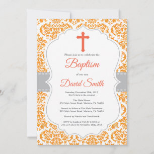 Orange Damask Cross Baptismus Einladung