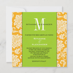 Orange Damask Green Monogram Wedding Einladung