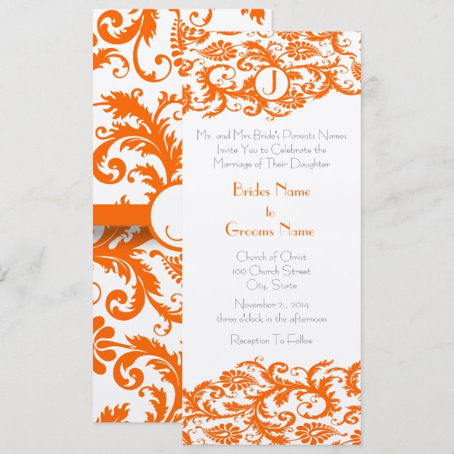 Orange Damask Monogram Wedding Einladung (Vorne/Hinten)