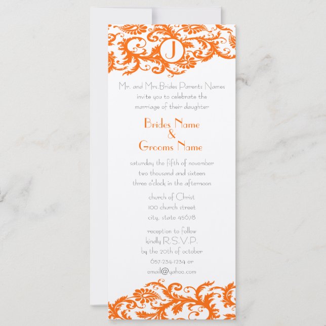 Orange Damask Monogram Wedding Einladung (Vorderseite)