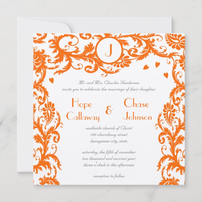 Orange Damask Monogram Wedding Einladung (Vorderseite)