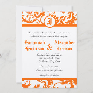 Orange Damask Monogram Wedding Einladung