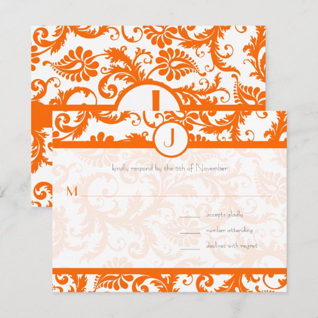 Orange Damask Monogram Wedding Einladung (Vorne/Hinten)
