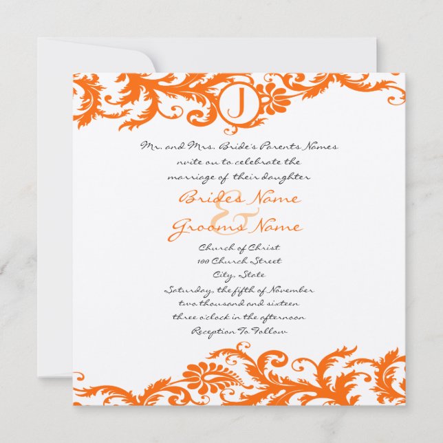 Orange Damask Monogram Wedding Einladung (Vorderseite)