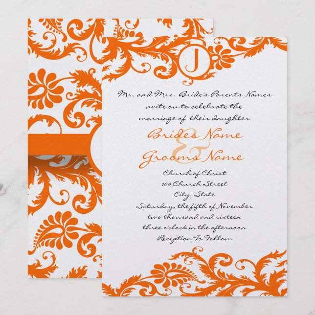 Orange Damask Monogram Wedding Einladung (Vorne/Hinten)