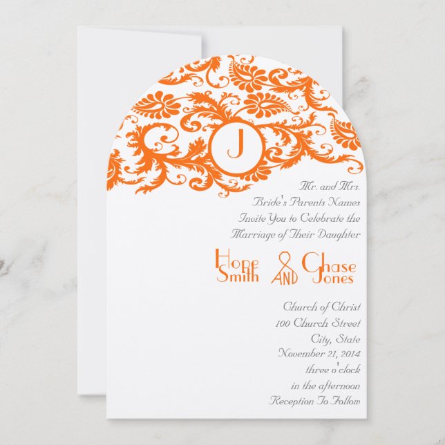 Orange Damask Monogram Wedding Invitation Einladung (Vorderseite)
