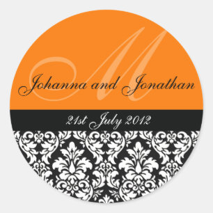 Orange Damask Monogram Wedger Stickers