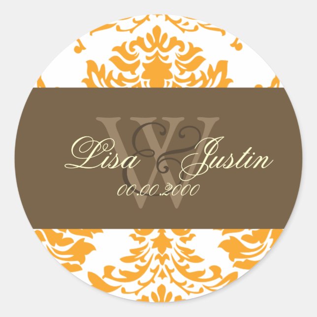 Orange Damask Monogramm Hochzeitsticker Runder Aufkleber (Vorderseite)