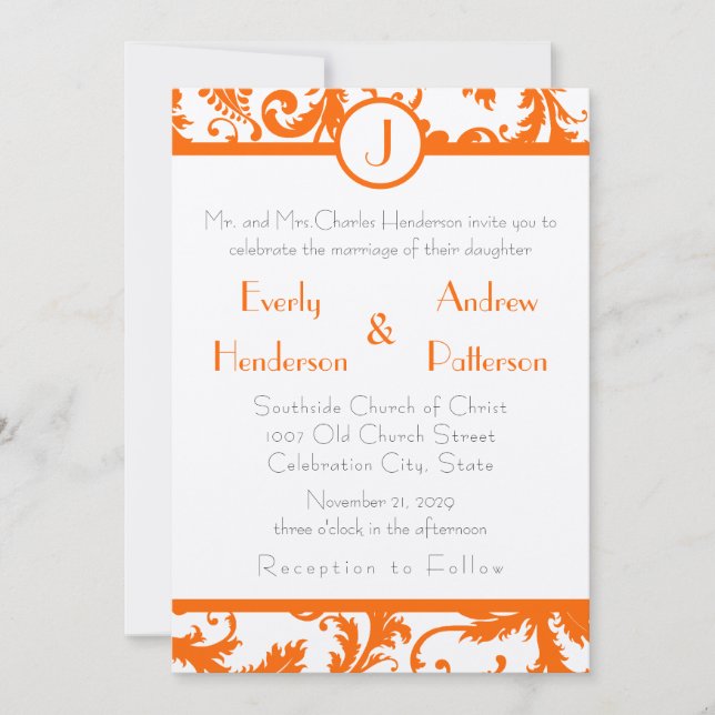 Orange Damask Monogramme Faire-part de mariage (Devant)