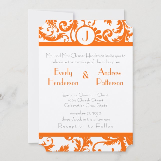 Orange Damask Monogramme Faire-part de mariage (Devant)
