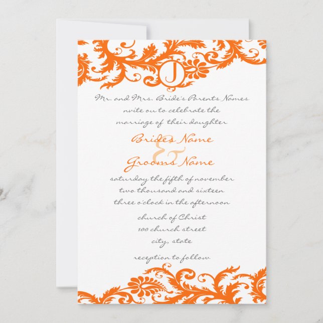 Orange Damask Monogramme Faire-part de mariage (Devant)