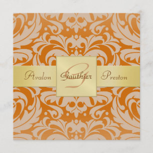 Orange Damask Monogramme Gold Ribbon Invitation