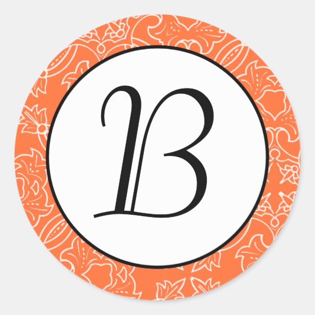 Orange Damask Muster Monogram Initial Sticker (Vorderseite)
