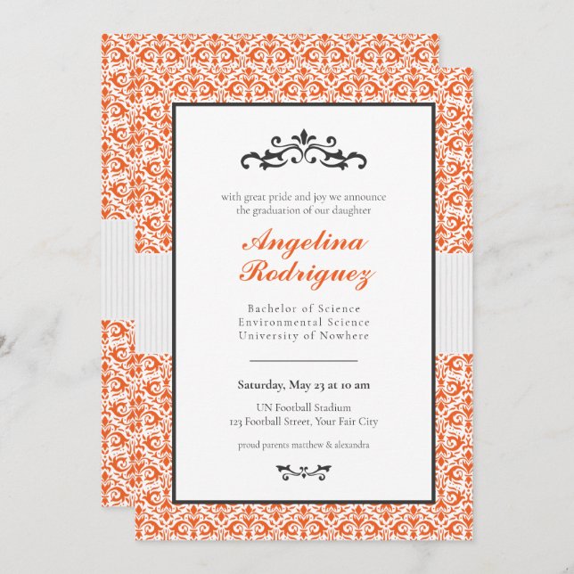 Orange Damask Pattern Photo Graduation Invitation (Devant / Derrière)