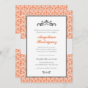 Orange Damask Pattern Photo Graduation Invitation