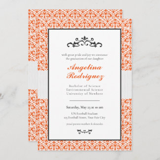 Orange Damask Pattern Photo Graduation Invitation