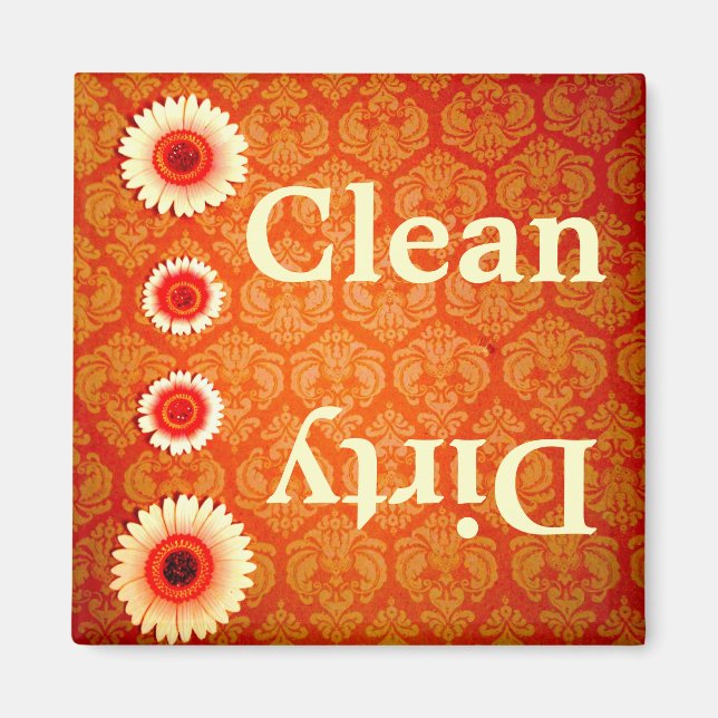 Orange Damask Pink Daisies Clean Dirty Magnet (Vorne)