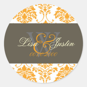 Orange Damast-Monogramm-Hochzeitsaufkleber Runder Aufkleber