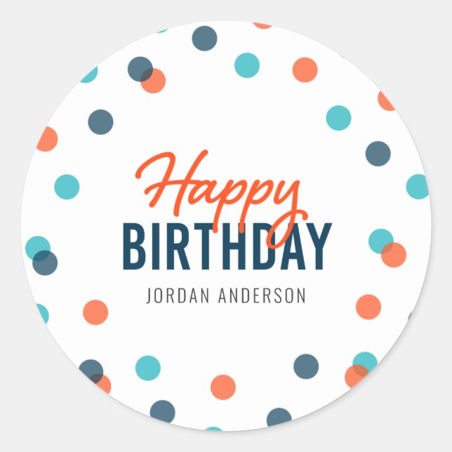 Orange Dark Blue Confetti Happy Birthday Runder Aufkleber (Vorderseite)