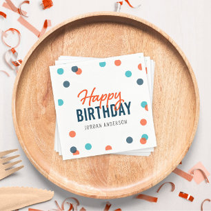 Orange Dark Blue Confetti Happy Birthday Serviette
