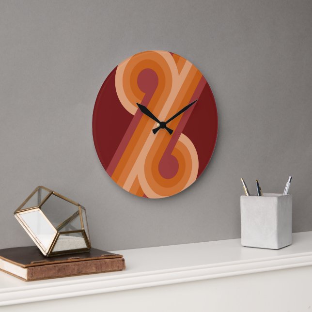 Orange Dark Maroon Red Retro Circles Art Pattern Große Wanduhr (Büro)