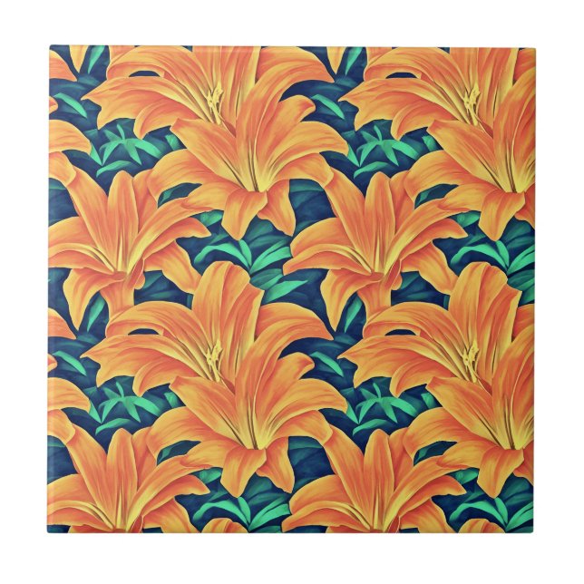 Orange Day Lilies mit grünen Blätter Fliese (Vorderseite)