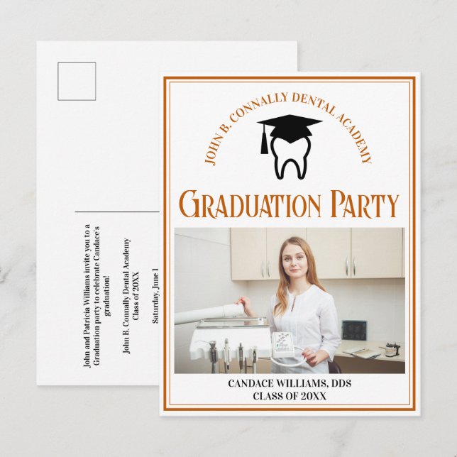 Orange Dental School Foto Custom Graduation Party Einladungspostkarte (Vorne/Hinten)