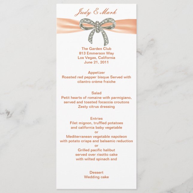 Orange Diamond Bow Wedding Menu Card Menükarte (Vorderseite)