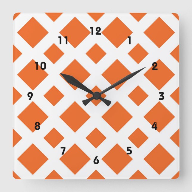 Orange Diamonds on White Quadratische Wanduhr (Vorderseite)