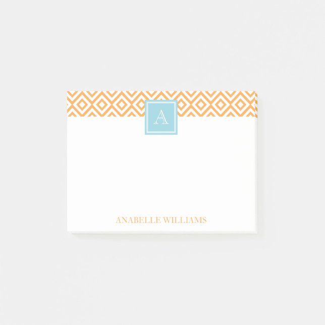 Orange Diamonds Pattern und Aqua Monogram Post-it Klebezettel (Vorderseite)