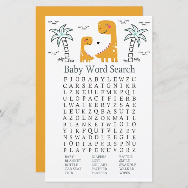 Orange Dinosaur Baby Dusche Word Search Game (Vorne/Hinten)