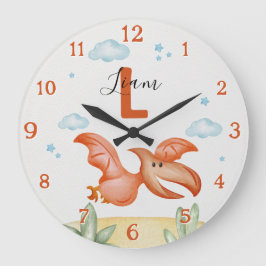 Orange Dinosaur Nursery Wall Clock Personalized Große Wanduhr