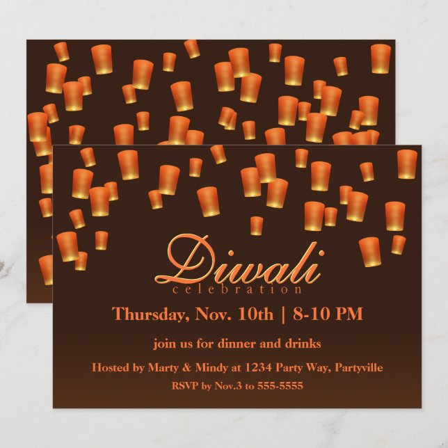 Orange Diwali Sky Lanterns Einladung (Vorne/Hinten)