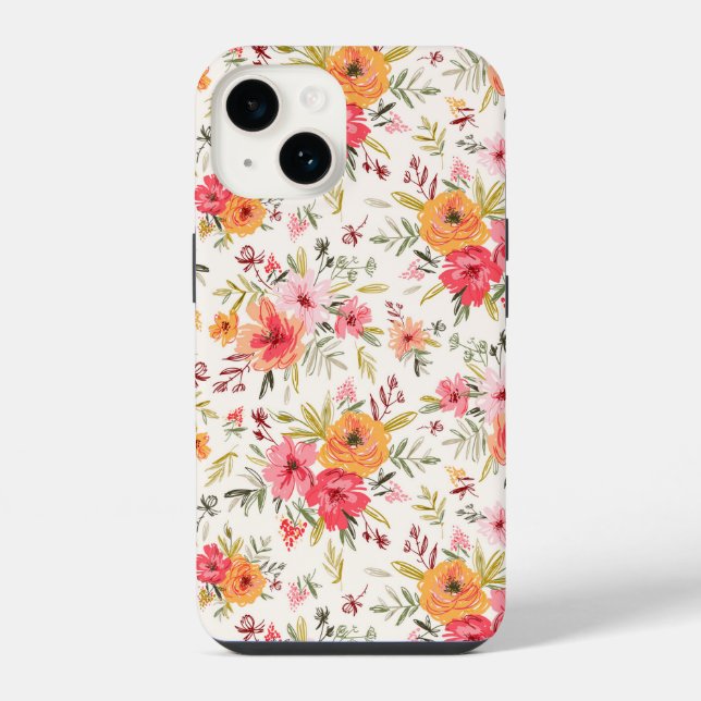 Orange Doodle Garden Blume Pattern iPhone 14 Hülle (Rückseite)