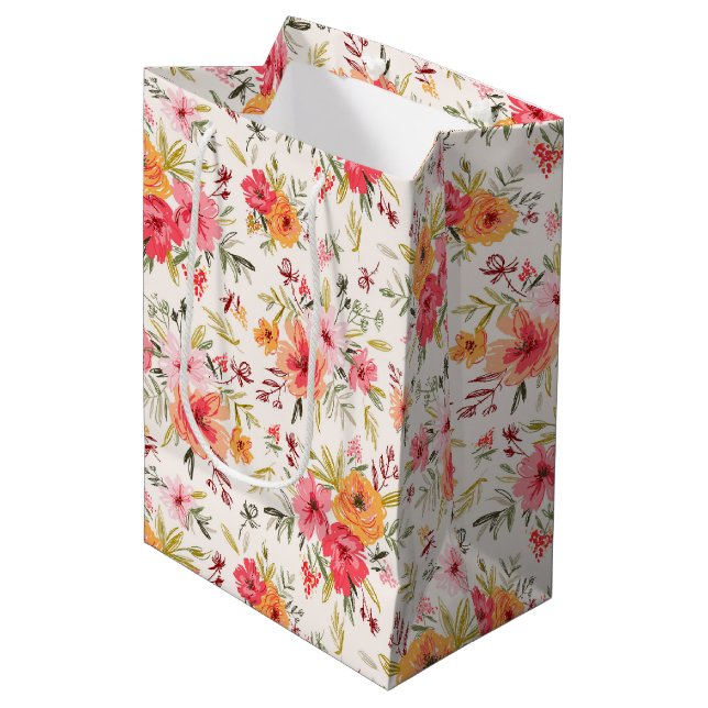 Orange Doodle Garden Blume Pattern Mittlere Geschenktüte (Vorderseite Schrägansicht)