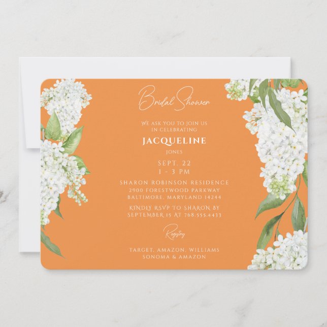 Orange Driving White Hydrangeas Brautparty Einladung (Vorderseite)