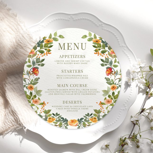 Orange dusty green floral round Menu Card Platine Menükarte (Von Creator hochgeladen)