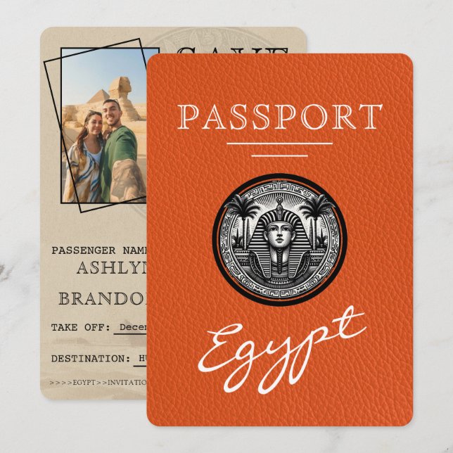 Orange Egypt Passport Wedding Save the Date (Vorne/Hinten)