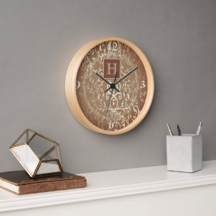 Orange Elegant Blüh Monogram Clock Uhr