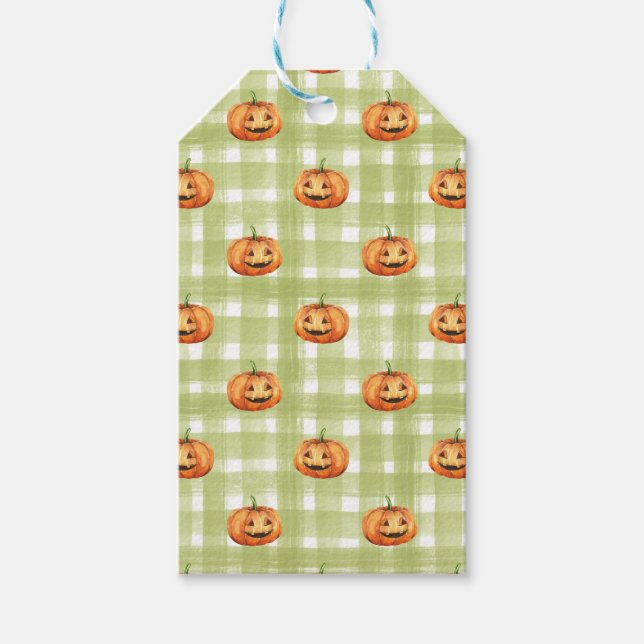 ORANGE ERNTEDANK PUMPKINS GREEN WHITE KARIERT GESCHENKANHÄNGER (Vorderseite)