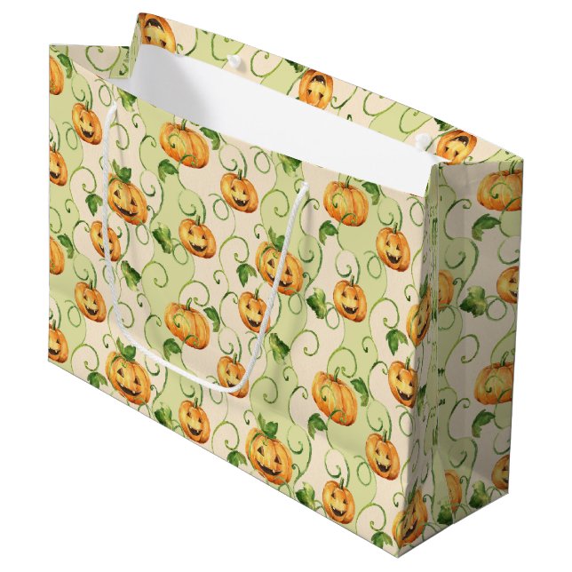 ORANGE ERNTEDANK PUMPKINS MIT GRÜNEN BLÄTTER GROßE GESCHENKTÜTE (Vorderseite Schrägansicht)