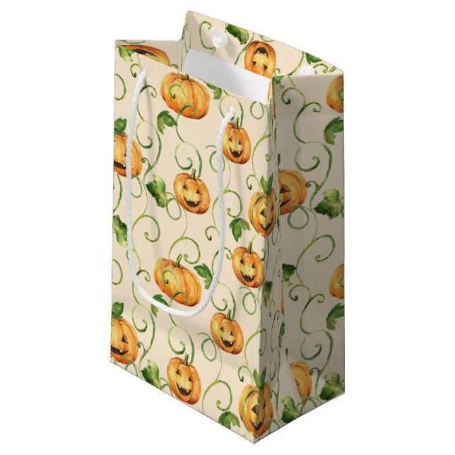 ORANGE ERNTEDANK PUMPKINS MIT GRÜNEN BLÄTTER KLEINE GESCHENKTÜTE (Vorderseite Schrägansicht)