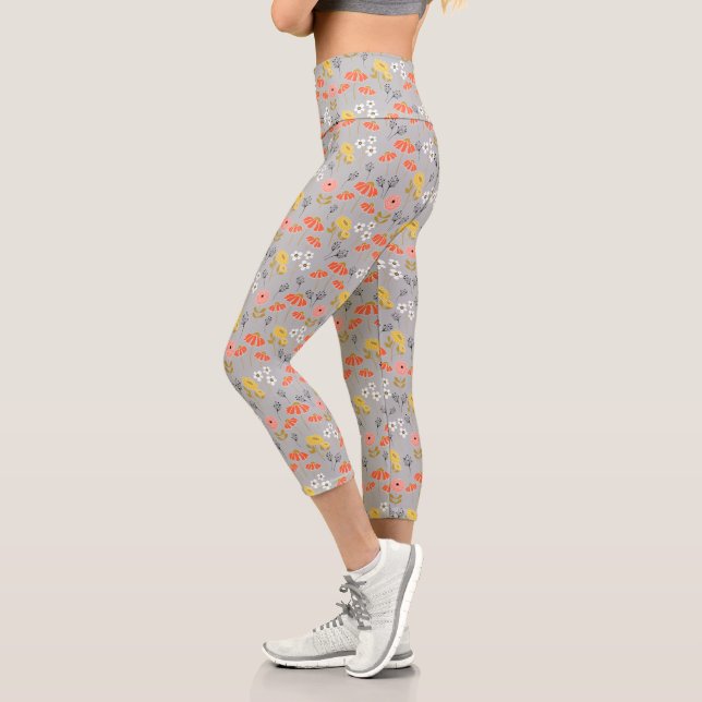 Orange et Jaune Dodle Fleurs Capri Leggings (Gauche)