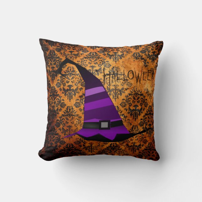 Orange et noir Damask Halloween sorcières Coussin  (Recto)
