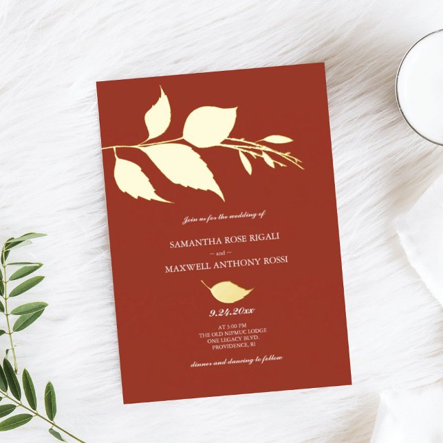 Orange Fall Themed Wedding Einladungen (orange wedding invitation orange gold foil minimalistic leaves)
