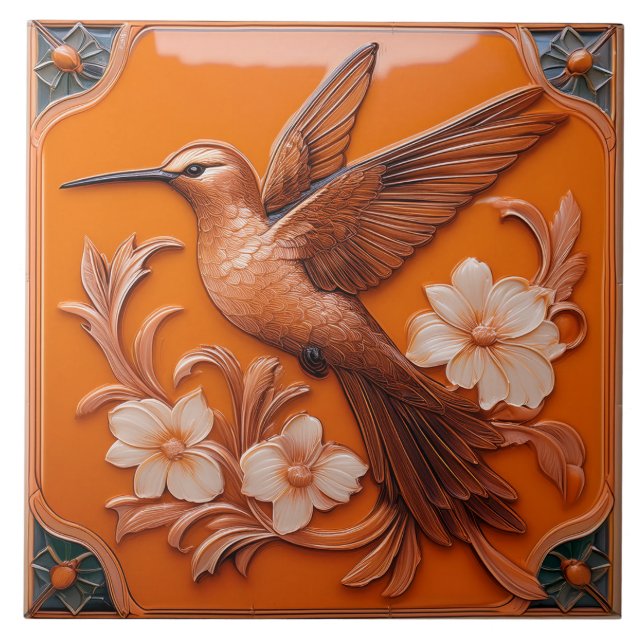 Orange faux relief Art Nouveau Hummingbird L Fliese (Vorderseite)