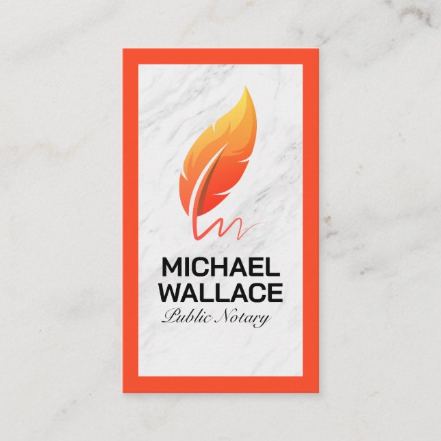 Orange Feather Pen Logo | Marmorweiß Visitenkarte (Vorderseite)