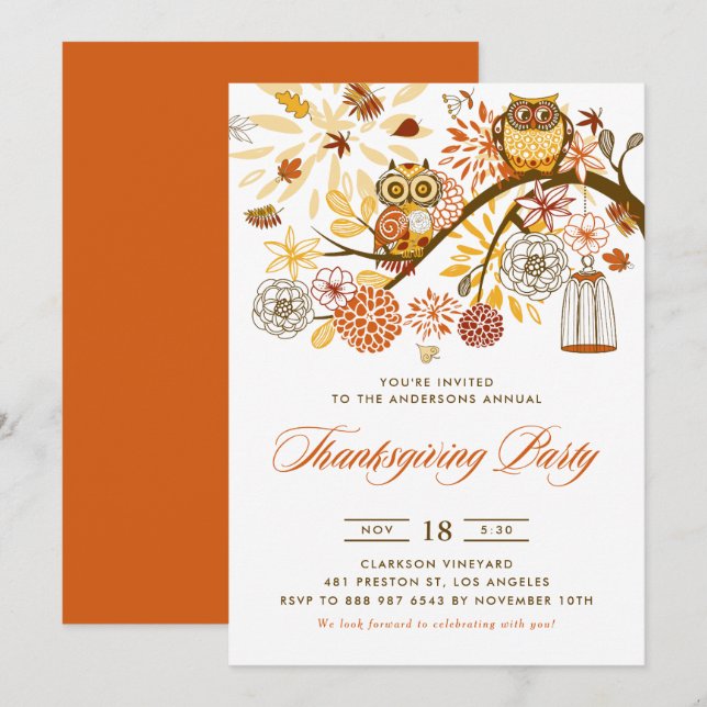 Orange Festive Owls Erntedank Party Einladung (Vorne/Hinten)