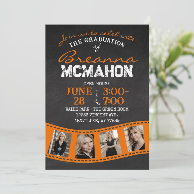 Orange Filmstrip Chalkboard Abschluss Einladung (Stehend Vorderseite)